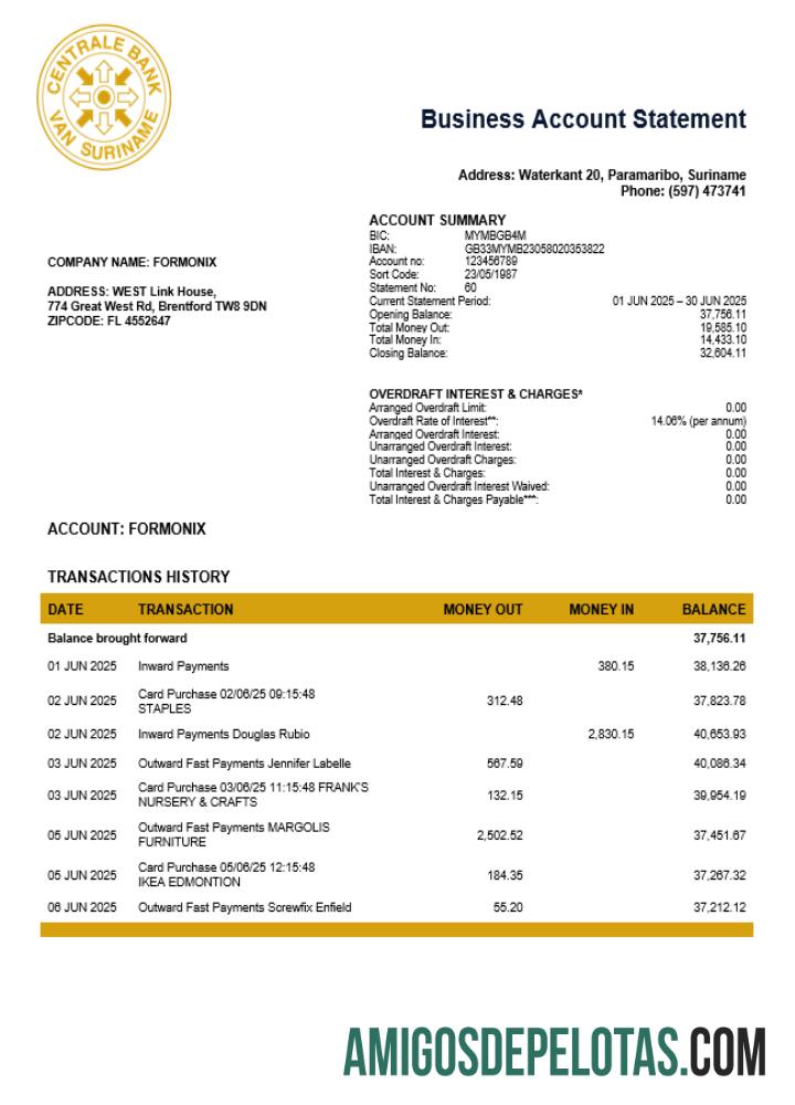 Realista Suriname Centrale Bank Van Suriname Extrato de conta comercial modelo Word e PDF